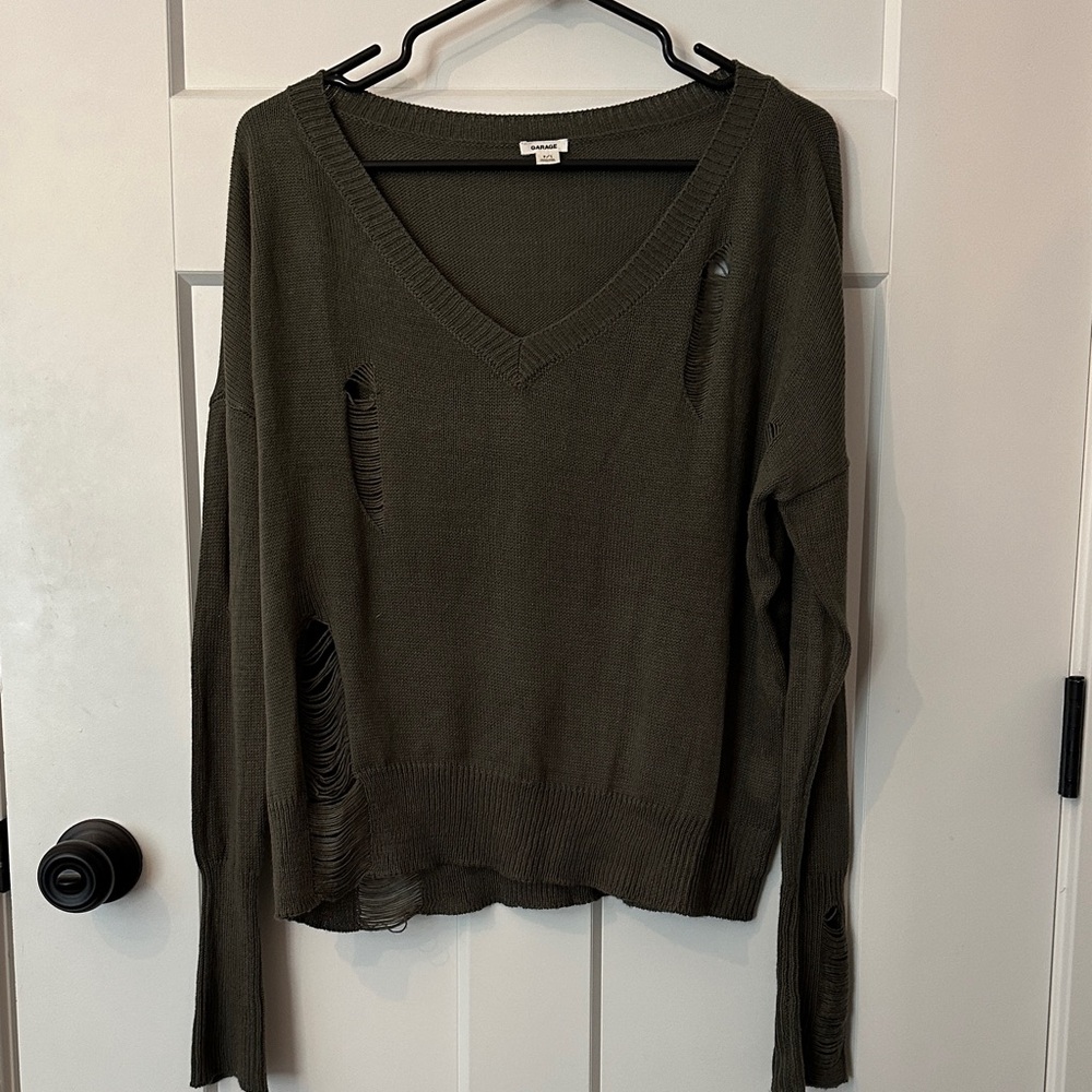 Garage Green Distressed Knit Sweater